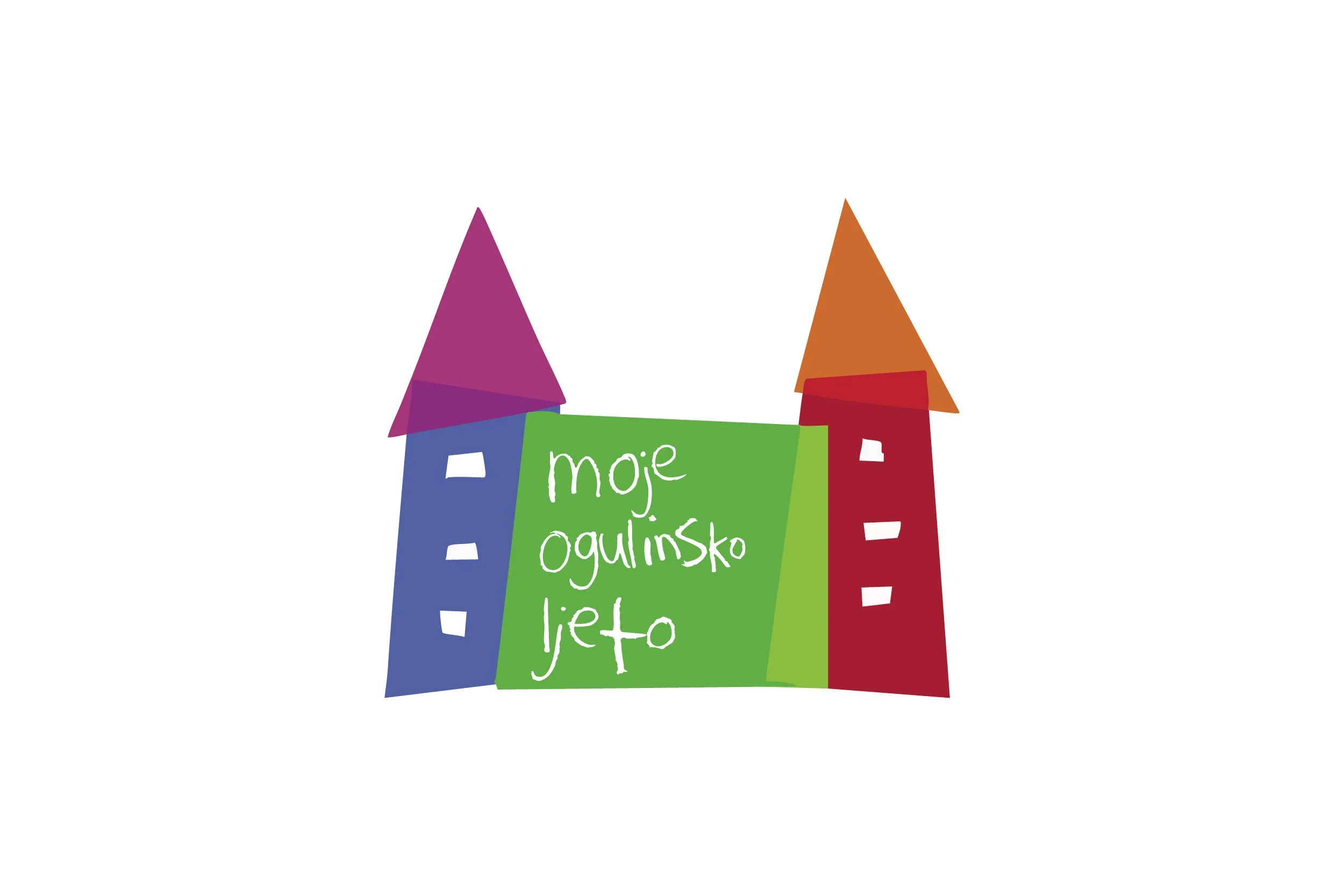 Colorful drawing of two houses with triangular roofs, one purple and one orange, with a green sign in the middle displaying handwritten text in a foreign language.
