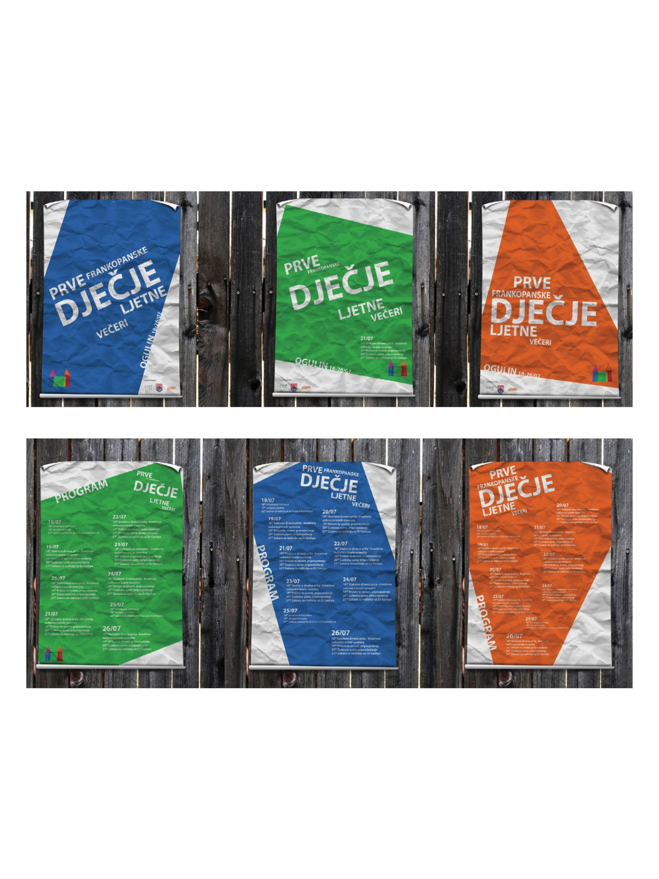 Six colorful posters advertising summer children's programs, mounted on a wooden background, with blue, green, and orange colors and schedule details in Croatian.