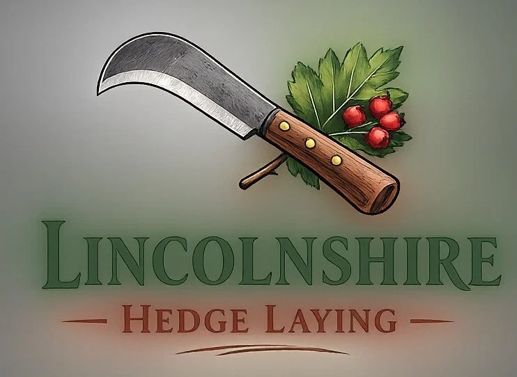 A drawing of a billhook with a wooden handle and a curved blade, positioned over hawthorn leaves and red berries, with the words 'Lincolnshire Hedge Laying' underneath.