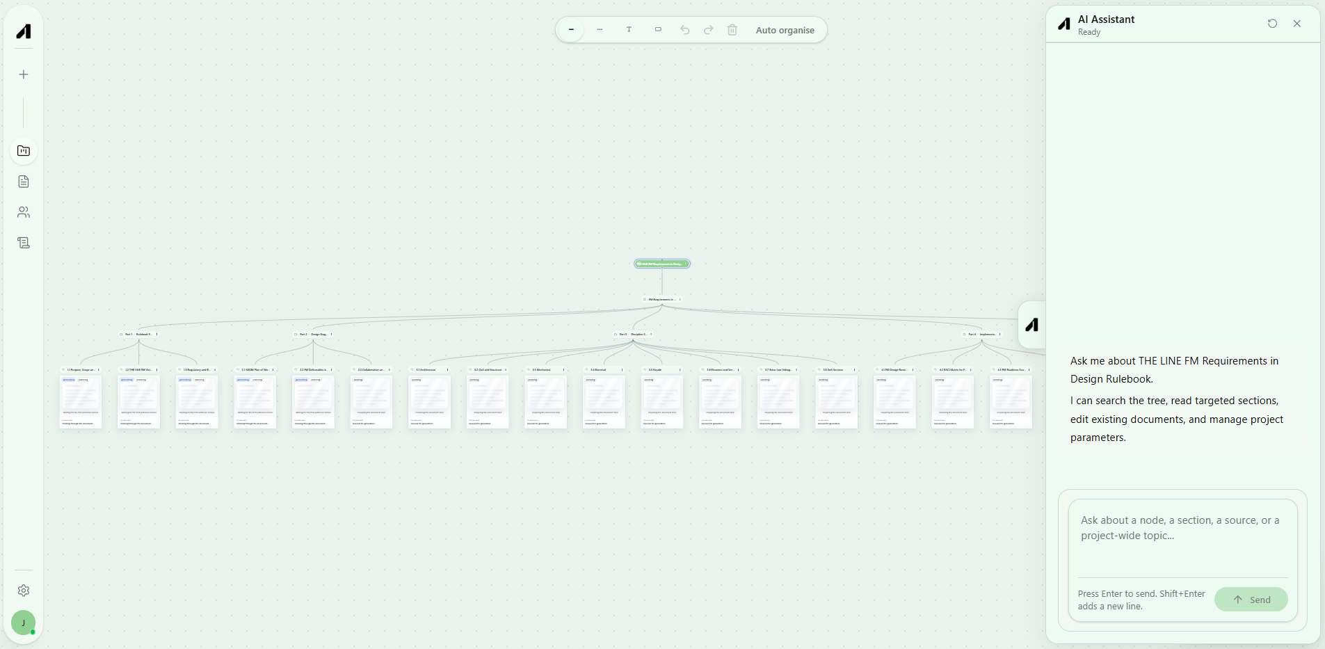 Screenshot of the Ama Platform industry intelligence interface, showing connected operational nodes generating structured asset, facilities, operations, and maintenance deliverables through Gab.