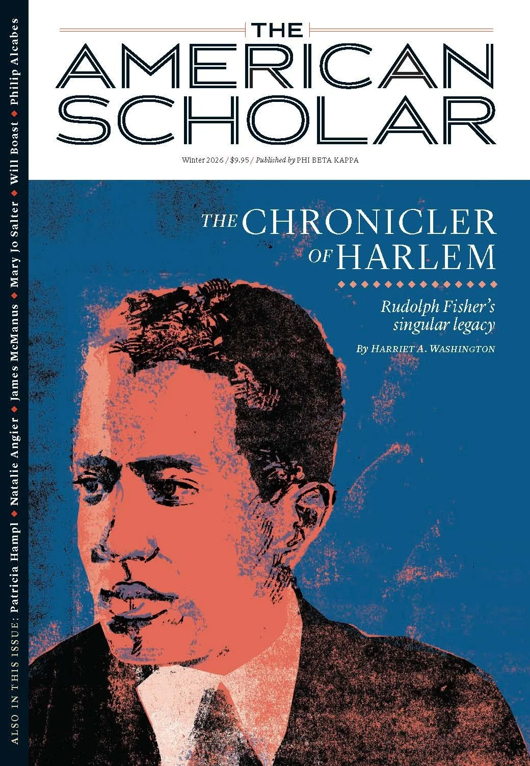 Cover image of The American Scholar, Winter 2026 edition, featuring an illustrated portrait of a man with short dark hair. The background is blue with text about a story titled 'The Chronicler of Harlem' by Harriet A. Washington.