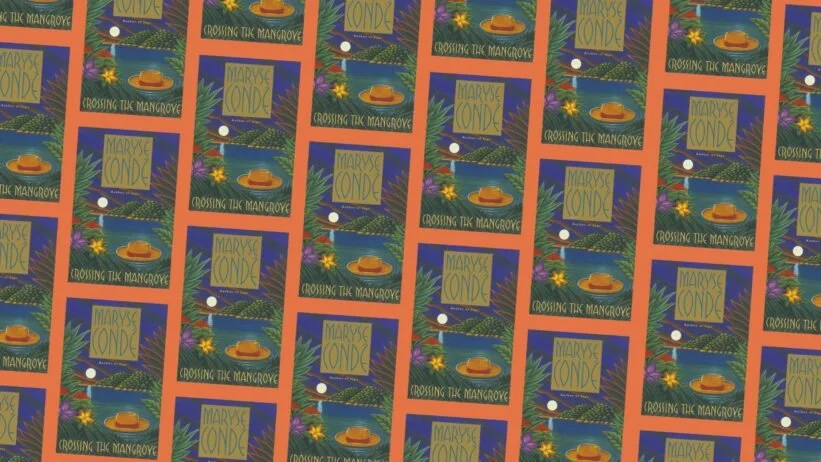Repeating pattern of an illustrated book cover titled 'Crossing the Mangrove' by Maryse Conde. The book cover features the moon reflecting on a body of water. There is a hat floating in the water, and there are flowers in the foreground.