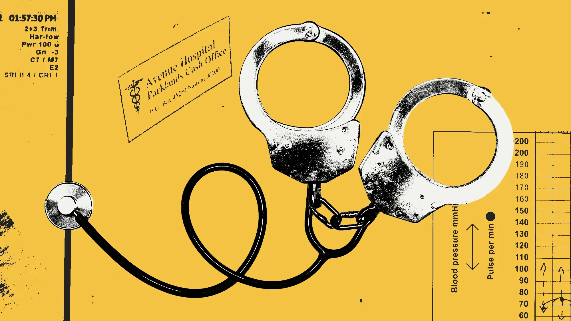 A pair of metal handcuffs connected by a chain, on a yellow background with medical charts and text, including a sign that reads 'Avenue Hospital, Parklands Cash Office.'