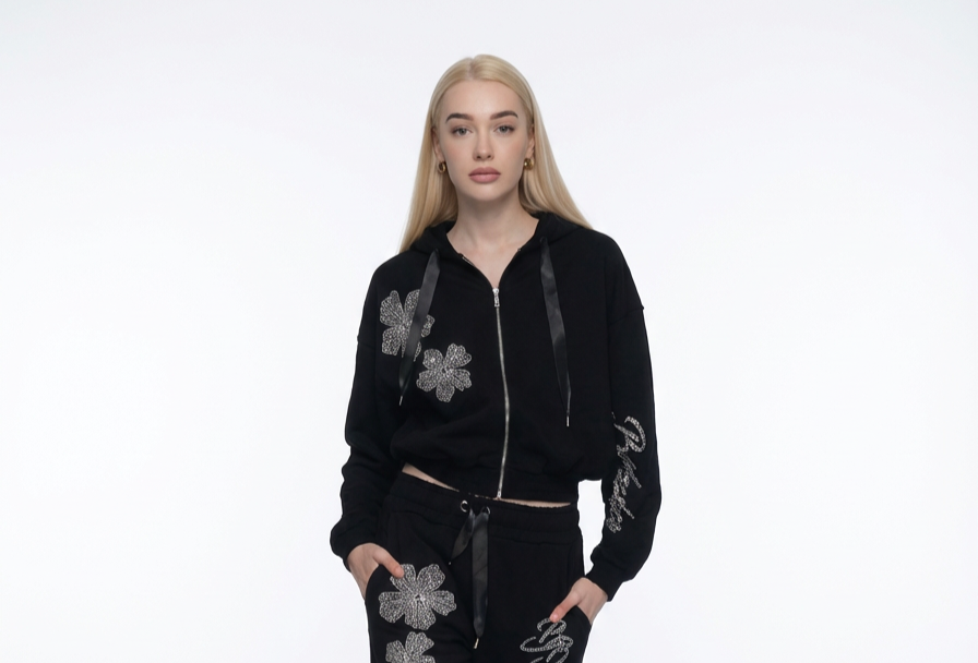 Jogging Suit Jacket with Rhinestones Black Babylon