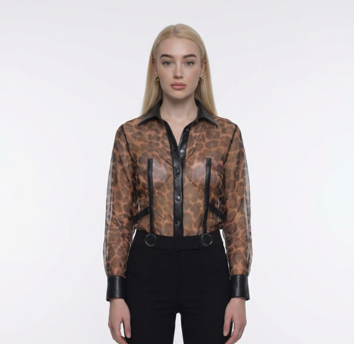 Sheer Leopard Print Blouse with Faux Leather Collar Babylon