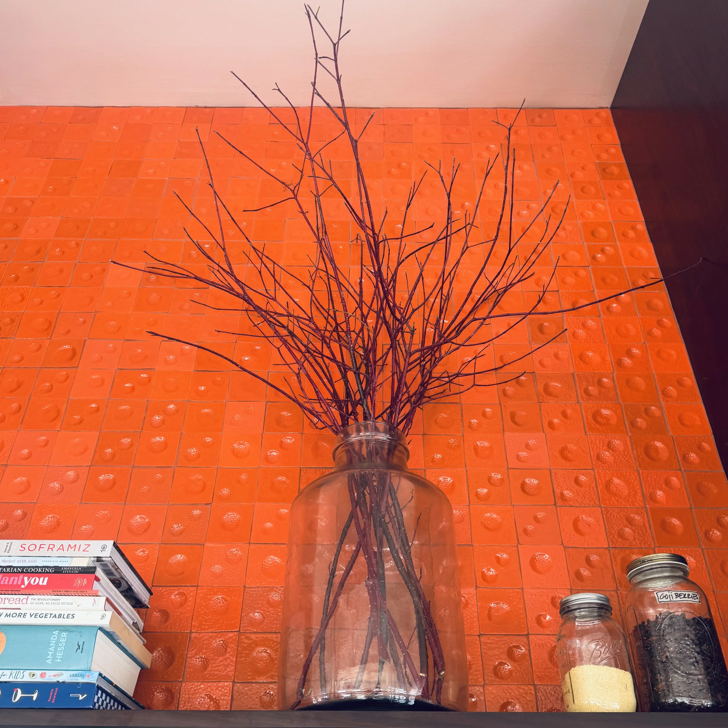 A glass vase with dry, leafless twigs on an orange tiled tabletop, with stacked books on the left and jars on the right.