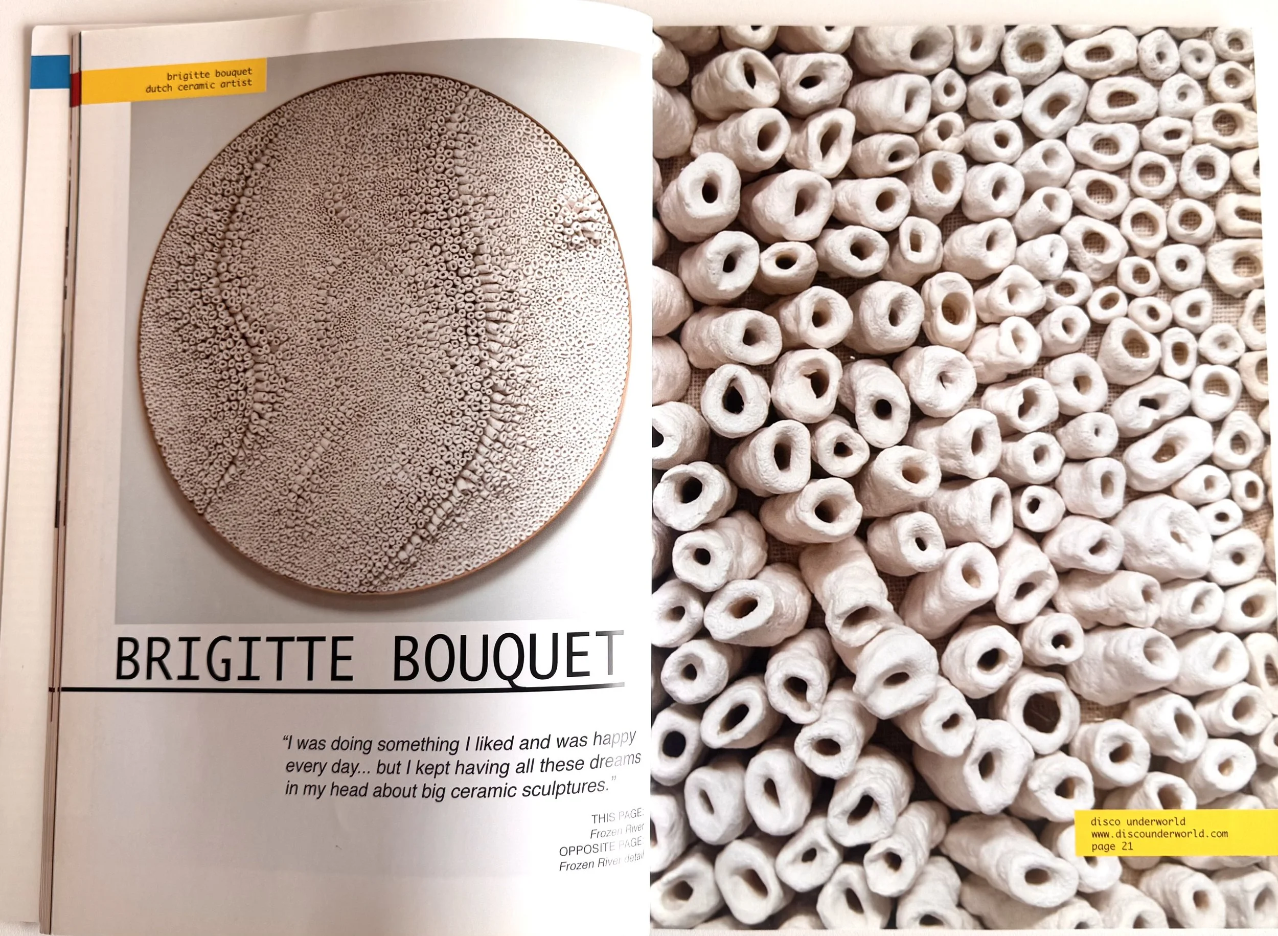 Page from an art book displaying a large image of a circular ceramic sculpture by Brigitte Bouquet, with detailed white ceramic pieces on the right side. The page includes text about the artist and her work, with a yellow and orange label in the lower right corner reading 'disco underworld www.discounderworld.com page 21'.