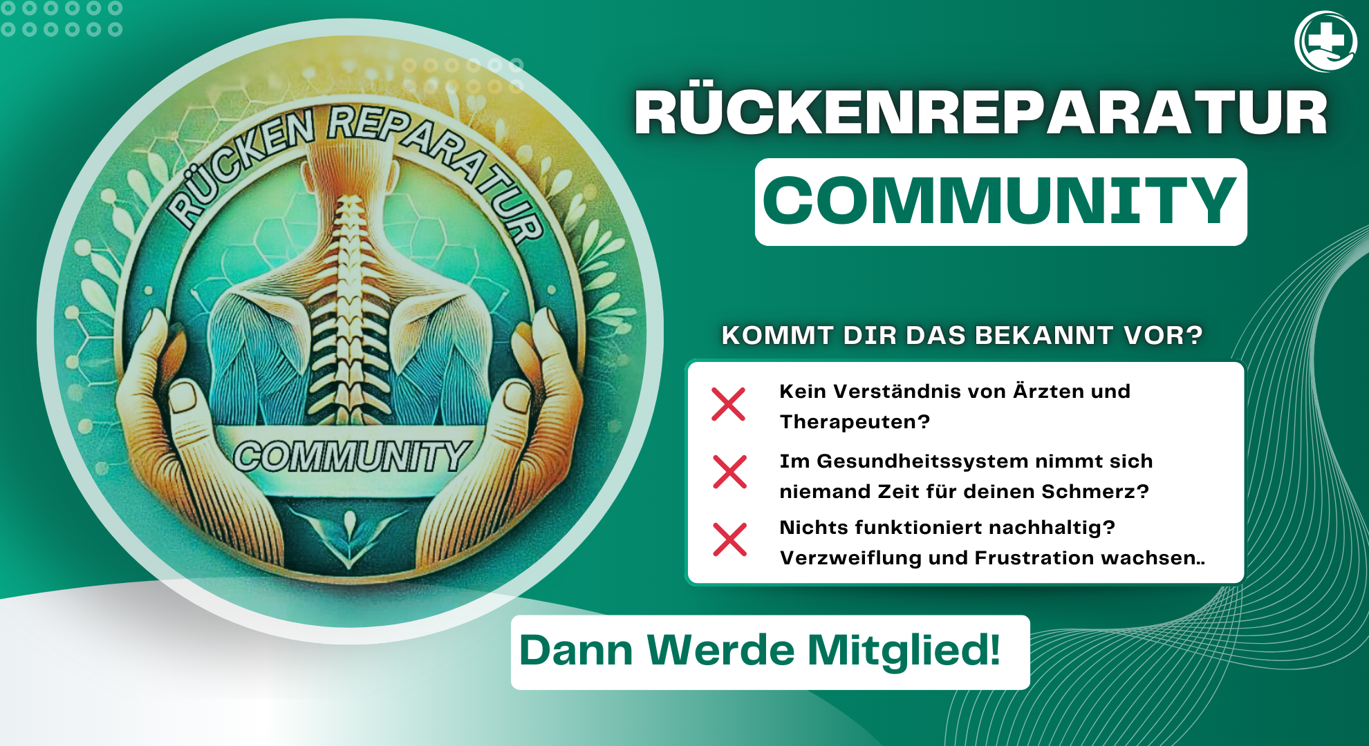 Grafik für die Community Rückenreparatur mit einem medizinischen Symbol, einem Rückenbild in einem Kreis, und Text mit Fragen zur Bekanntheit und Erfolg der Rückenselbsthilfegruppe in Deutsch.