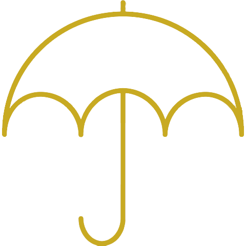 Grafische Darstellung eines goldenen Regenschirms mit einem vertikalen Griff.