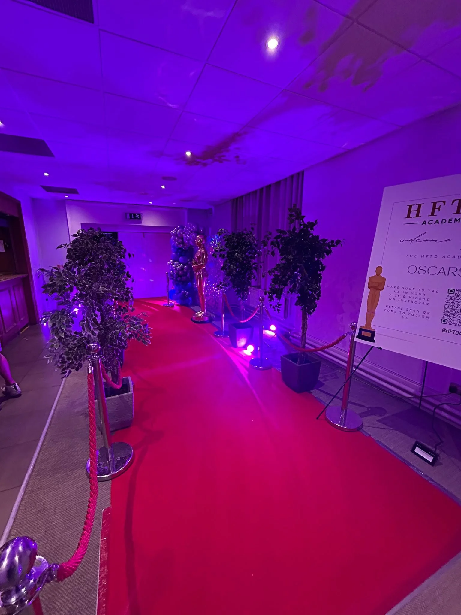 Red carpet at an event entrance with black potted plants and a sign on a stand, purple lighting, and a statue and balloons in the background.