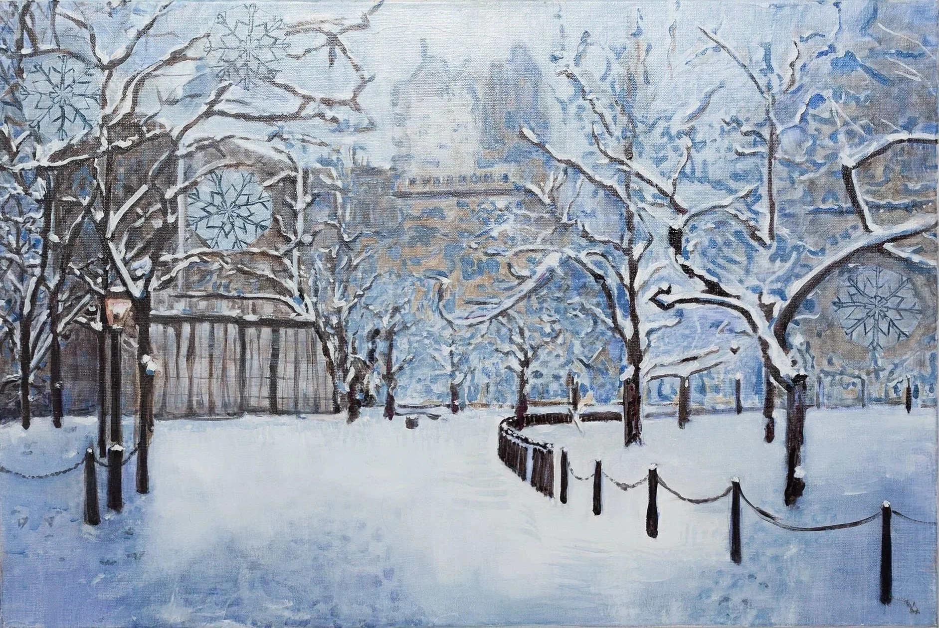 "CENTRAL PARK WINTER" WHITE WOOD BLOCK FRAME 90 X 60CM