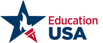 the EdUSA logo has a blue star with a torch of red and white as the bottom right point. It says Education in red and USA in blue next to the star