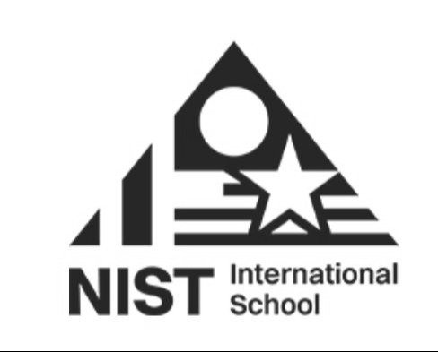 the logo for NIST International school. It has a triangular shield with thick stripes both horizontally an vertically, There is a circle on the top within the triangle and a star on the lover right of the triangle