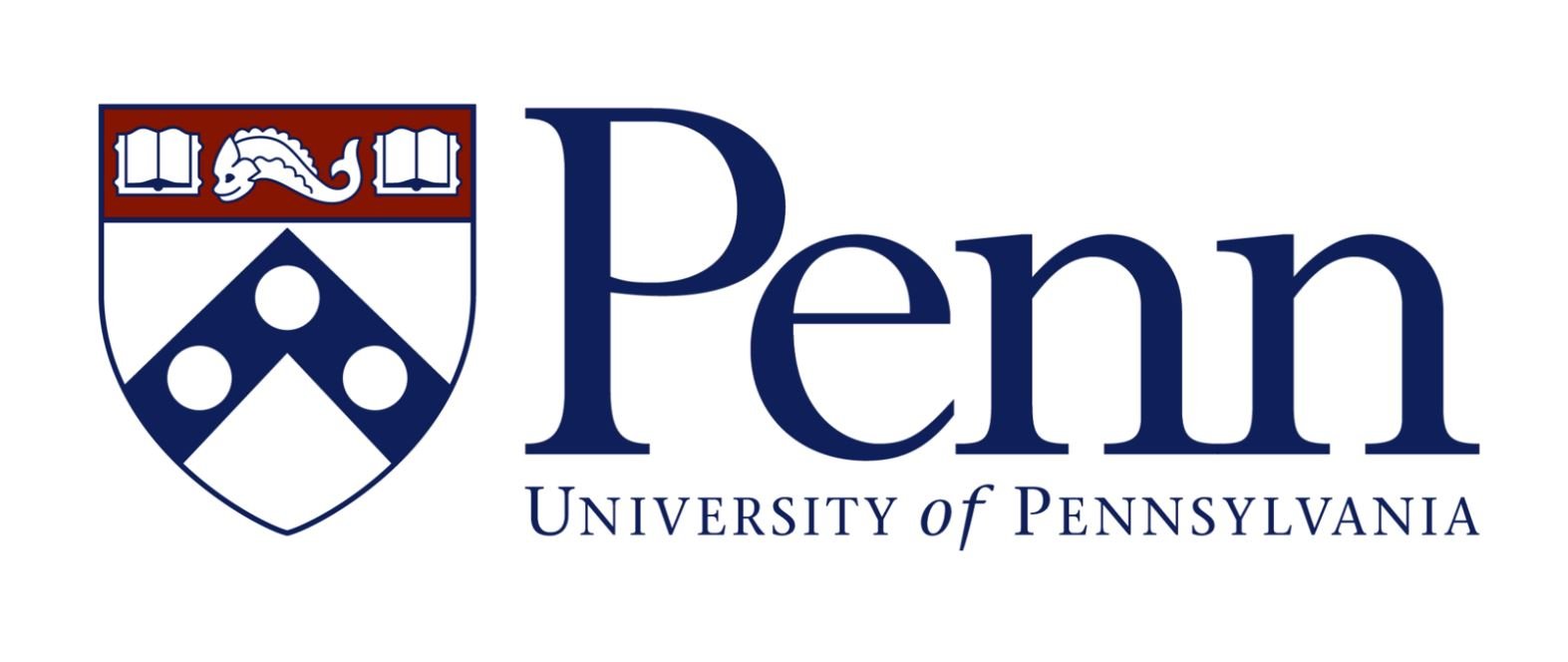 The University of Pennsylvania logo has a red white and blue shield which has two books and a dolphin on a red rectangle and a blue inverted V with three white circles. It says Penn to the right and underneath it says the full name of school.
