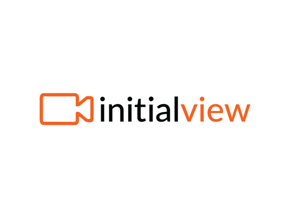 the initialview logo has an orange video camera on the left with the company name "initial" in black and "view" in orange