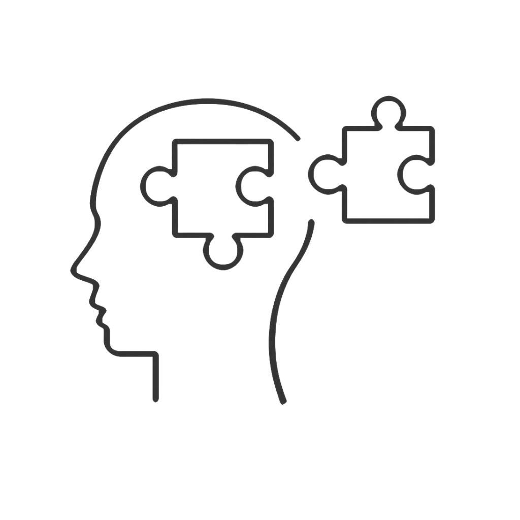 Line art drawing of a brain with puzzles pieces