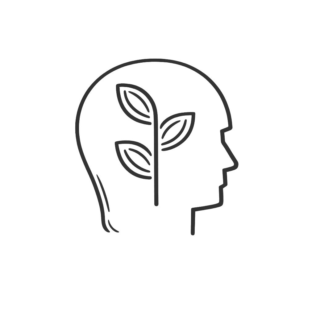 Line art drawing of a brain with a plant