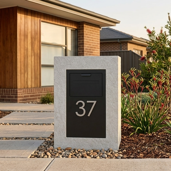 Modern house with brick and wood exterior, concrete pathway with pebbles, floral bushes, and house number 37 on a black mailbox-style sign.