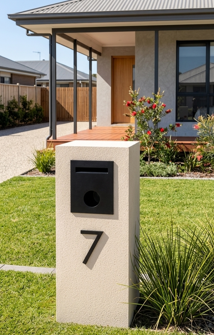 The Audrey Rendered Letterbox with Newspaper hole. Priced from $250. Dimensions start from 800mm x 300mm x 240mm 