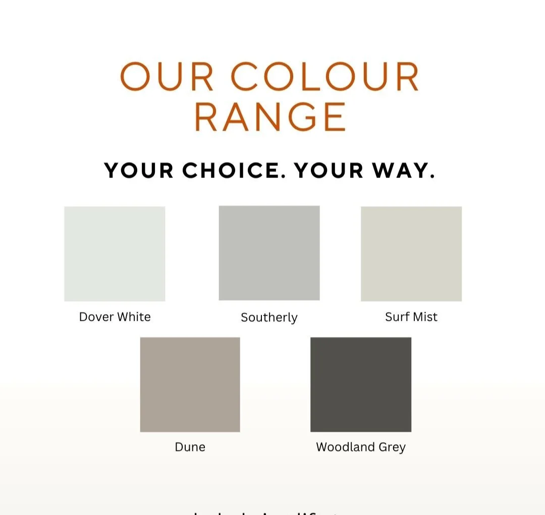 Our select colour range of render colours. Included in your product. We also offer custom colours at additional cost. 