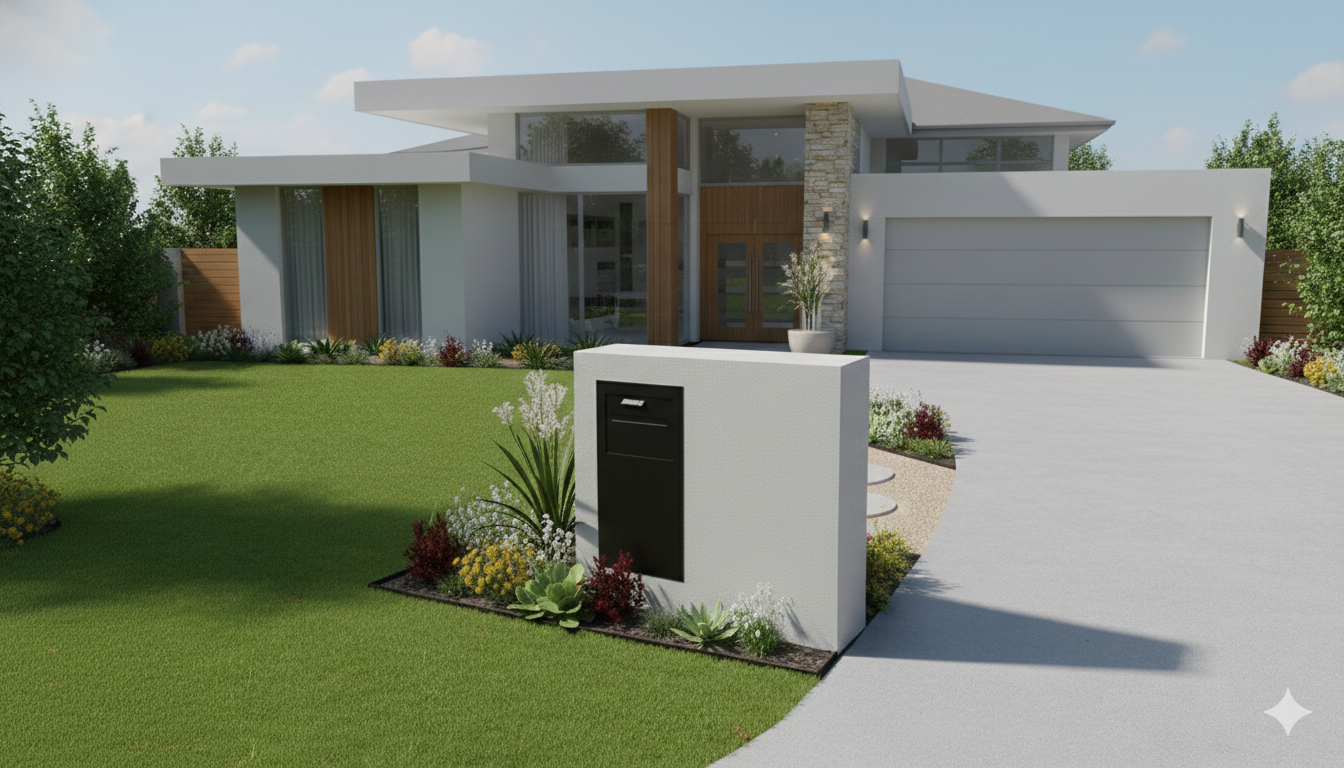 Modern house with flat roof, large windows, and stone accents, surrounded by a landscaped lawn and flower beds, with a concrete driveway and a mailbox in the foreground.
