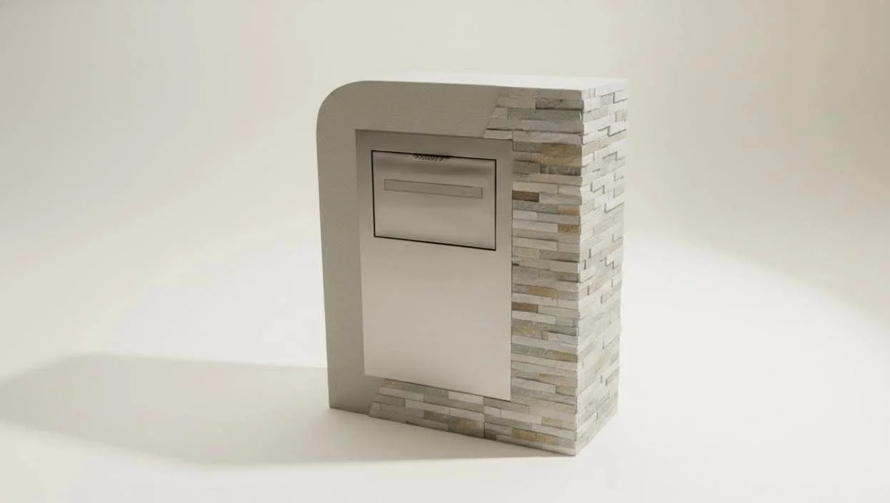 A modern mailbox with a metallic finish, set against a beige wall, featuring a brick-like exterior with horizontal, textured stone tiles.