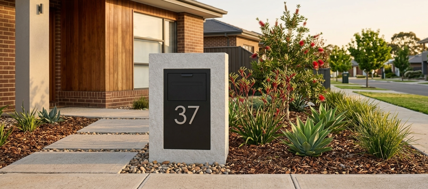 A modern house with a brick and wood exterior, house number 37 on a black mailbox, and a landscaped front yard with succulents and flowers, sidewalk, and trees in the background during sunset.