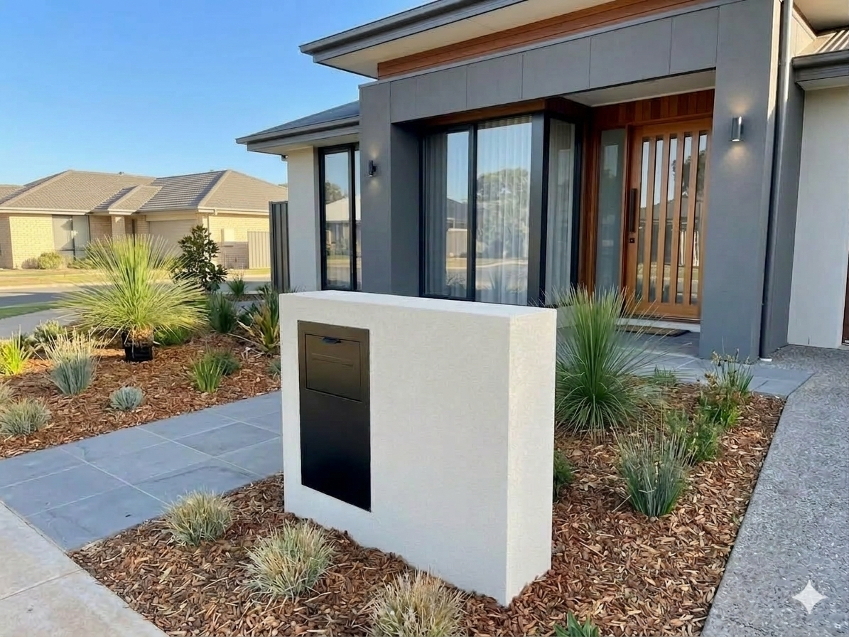 large white coloured parcel box, rendered. Designed for the modern Australian house. Perfect for residential properties.