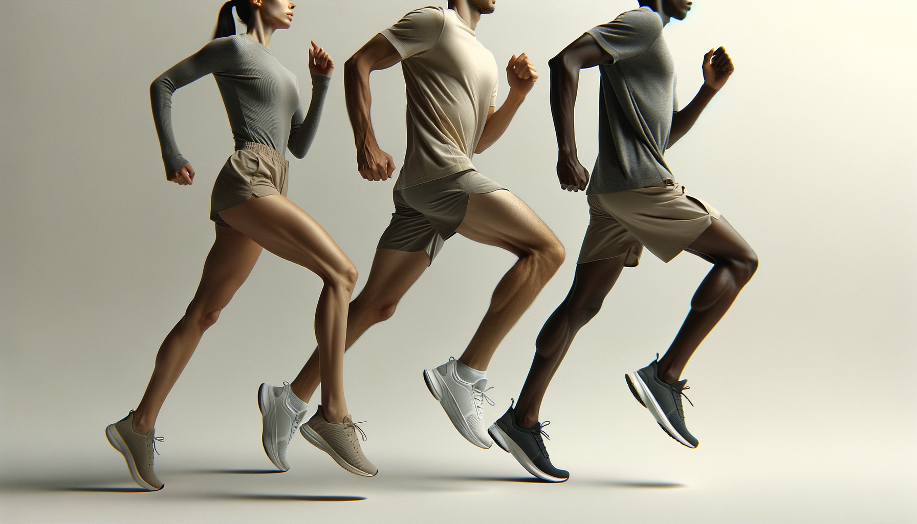 Four people running indoors, wearing athletic clothing and sneakers, captured mid-stride against a neutral background.