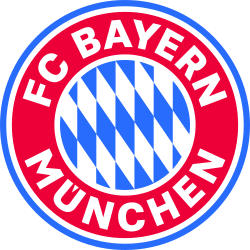 Das Logo des FC Bayern München mit roten, weißen, blauen und hellblauen Elementen.