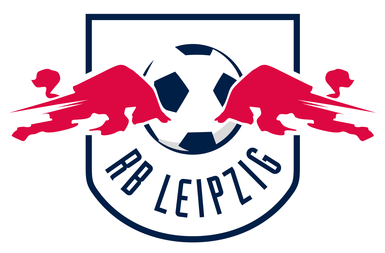 Logo des RB Leipzig Fußballvereins, mit two roten Stieren, einem schwarz-weißen Fußball und dem Schriftzug 'RB LEIPZIG' darunter.
