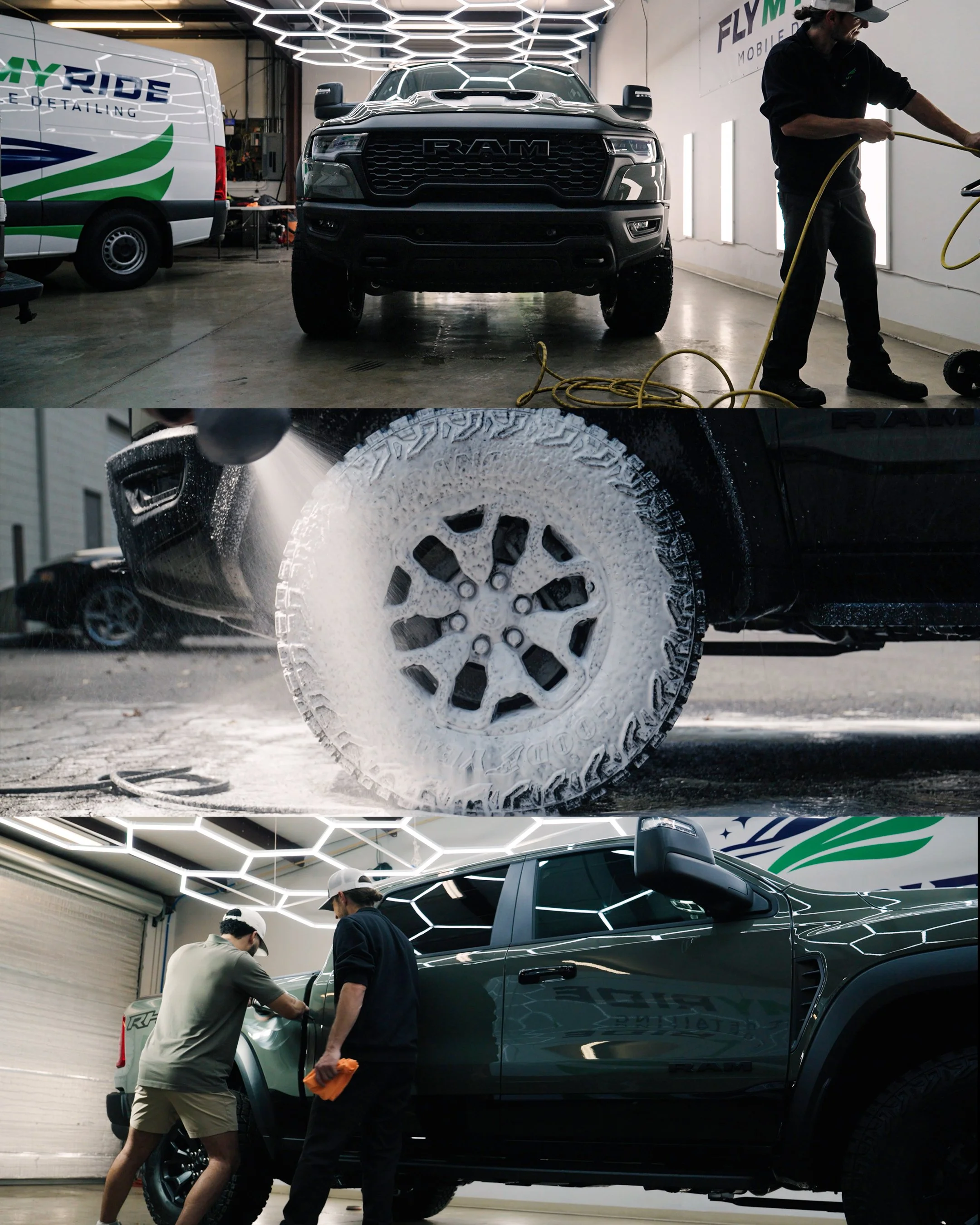 Inside a vehicle detailing shop, a black RAM truck is being washed and detailed. In the first part, a worker is spraying the truck, while in another part, two men are working on the truck's exterior.