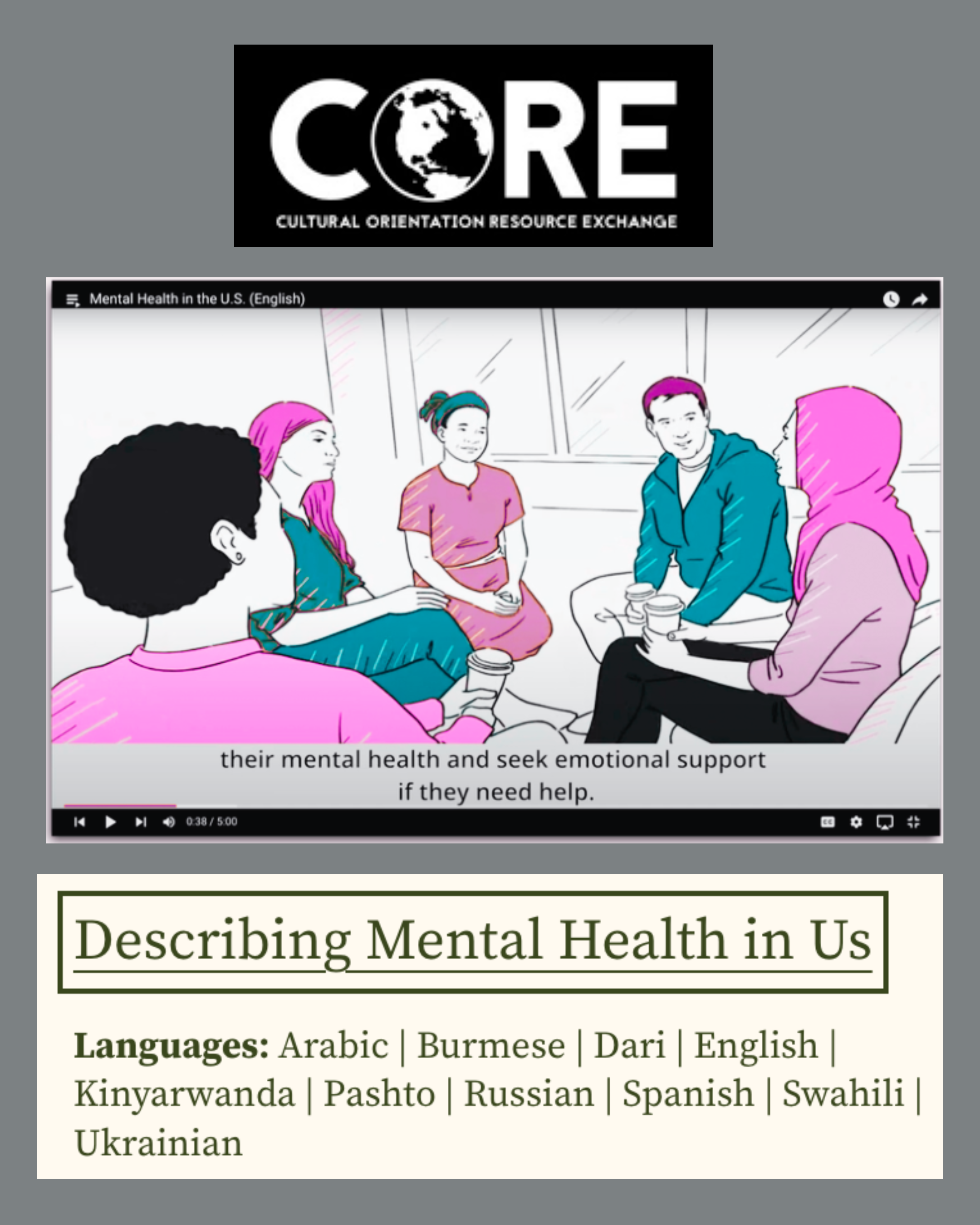 A group of people in various colors of teal and pink sit around, conversing.