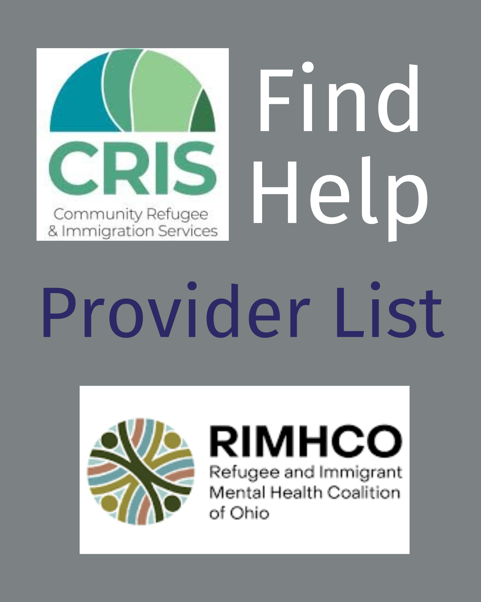 "Find Help" and "Provider List" appear alongside the logos for CRIS and RIMHCO.