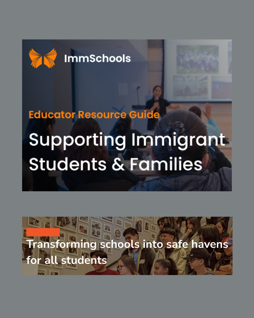 An orange butterfly appears next to the word ImmSchools against a dark blue background. Educator Resources is written in orange. The lower part of the slide says "Transforming schools into safe havens for all students."