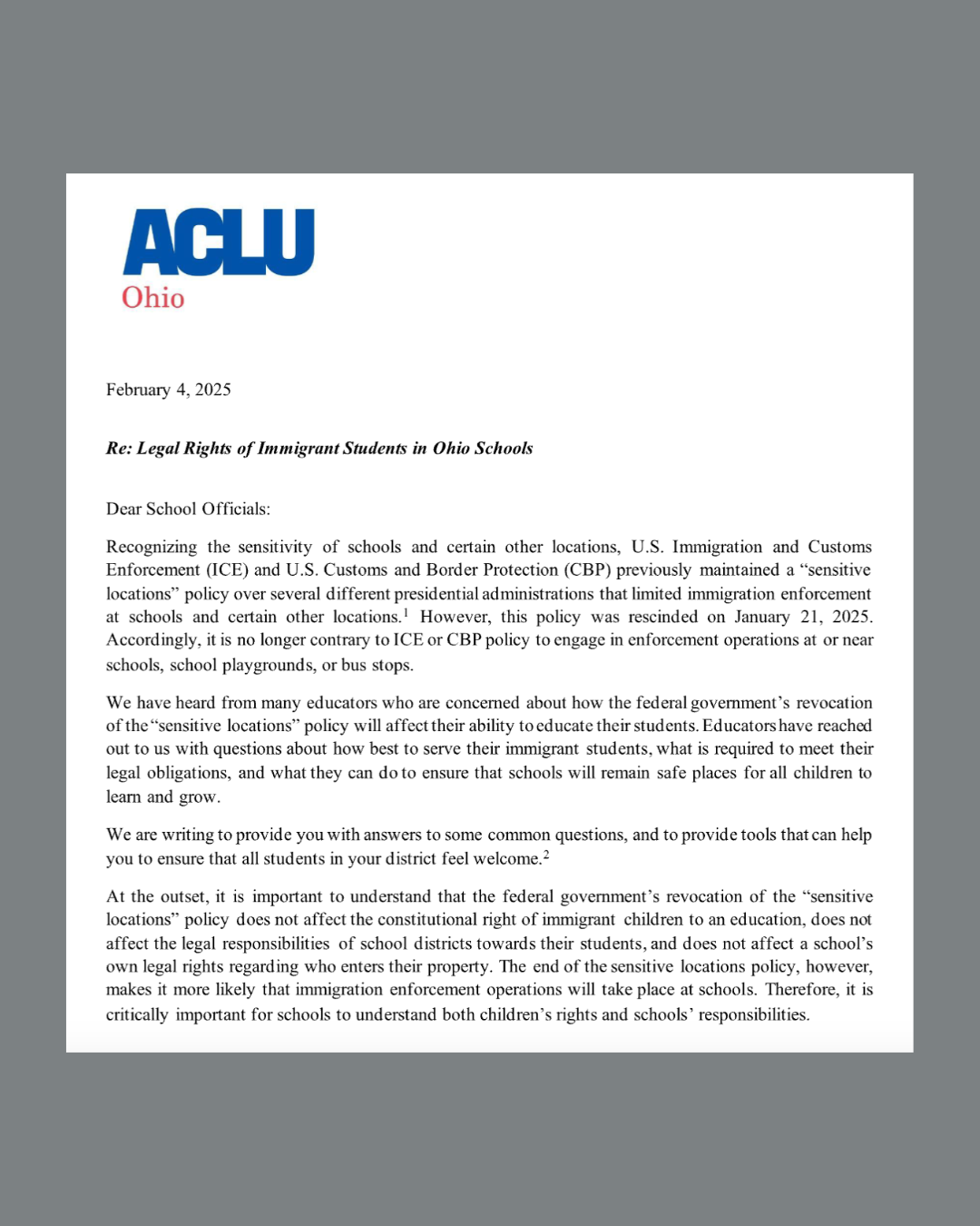 The blue and red ACLU of Ohio logo appears upper left, followed by the date and beginnings of a legal memo. There is a gray background.
