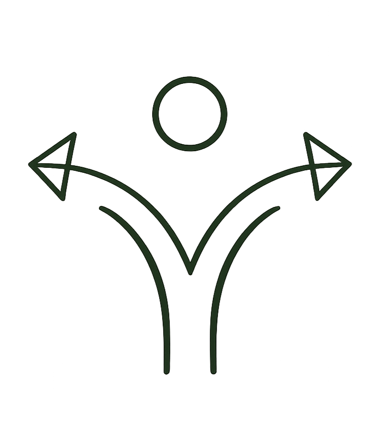A diagram of a person at a crossroads with two diverging paths, deciding which relational structure is best for them through exploration and coaching support.