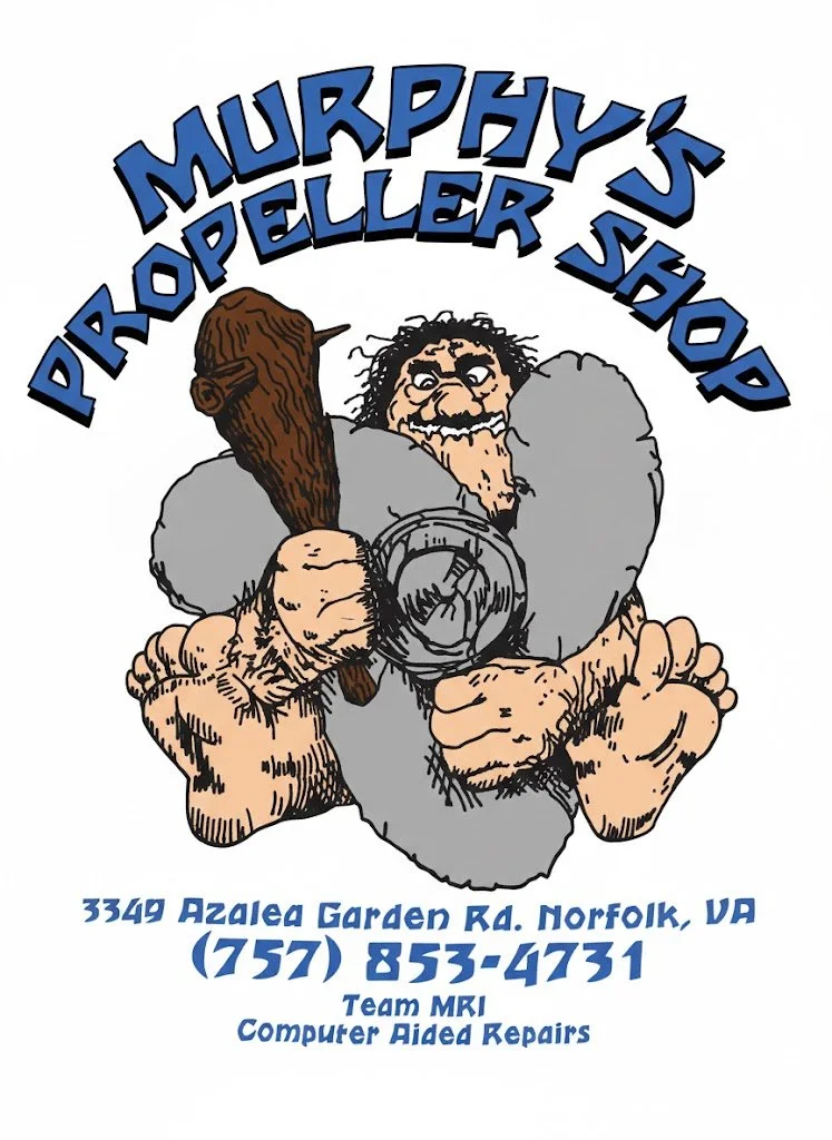 Logo for Murphy's Propeller Shop featuring a cartoon caveman holding a propeller and a club, with the shop's address and phone number, and services offered.