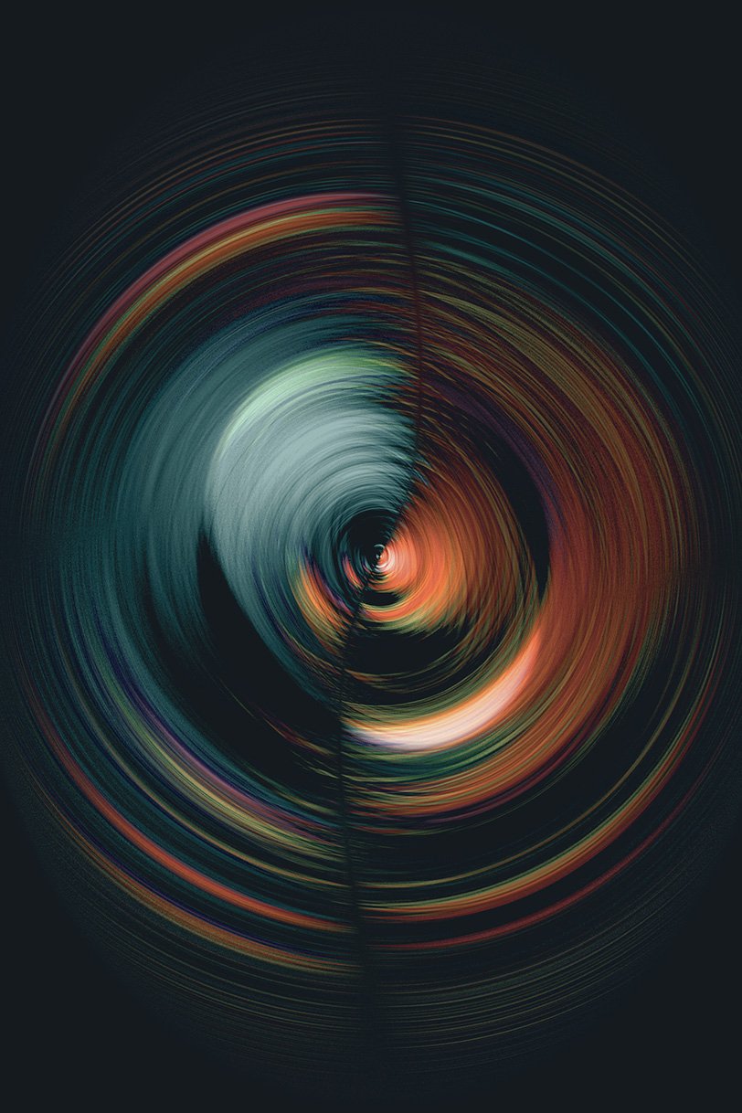 Abstract digital art with multicolored swirling circles creating a vortex effect on black background.