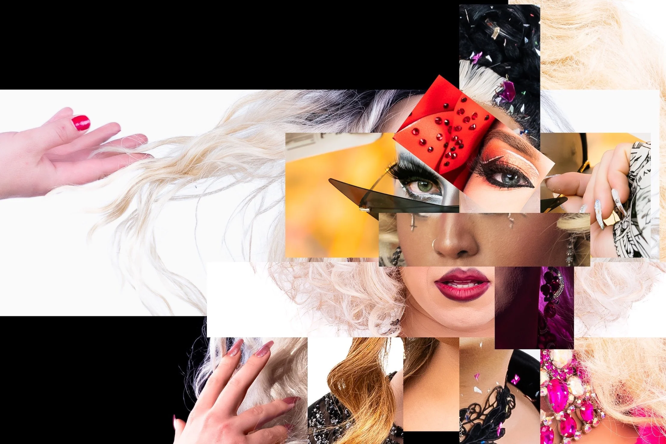 Fine Art Digital Collage by Minneapolis Photographer Jay Cupcake. Collage of a woman's face with vibrant makeup, jewelry, and platinum blonde curly hair, arranged in a fragmented mosaic style.