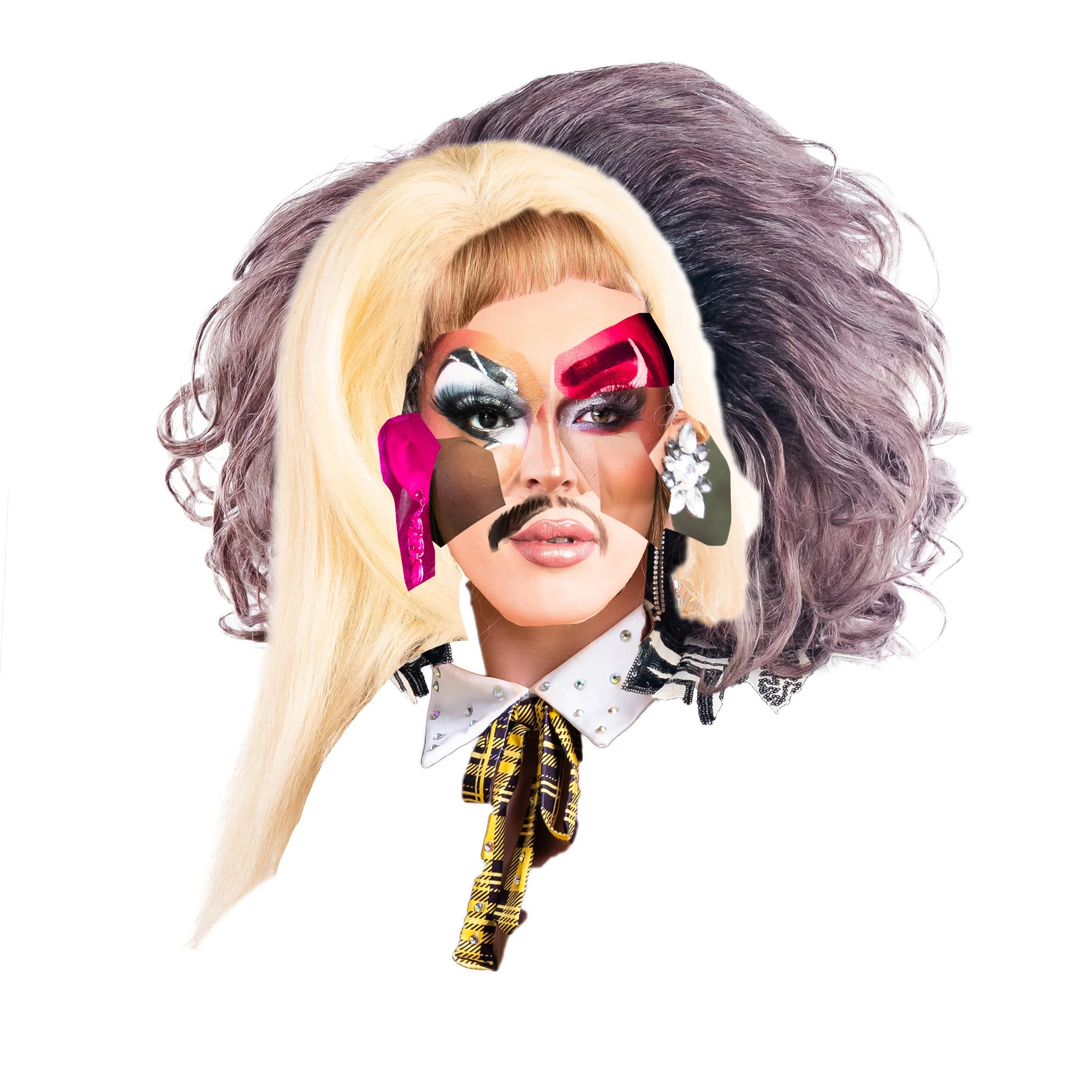 A woman with blonde and purple wavy hair, dramatic makeup, and an eclectic outfit featuring a collared shirt with embellishments and a patterned scarf.