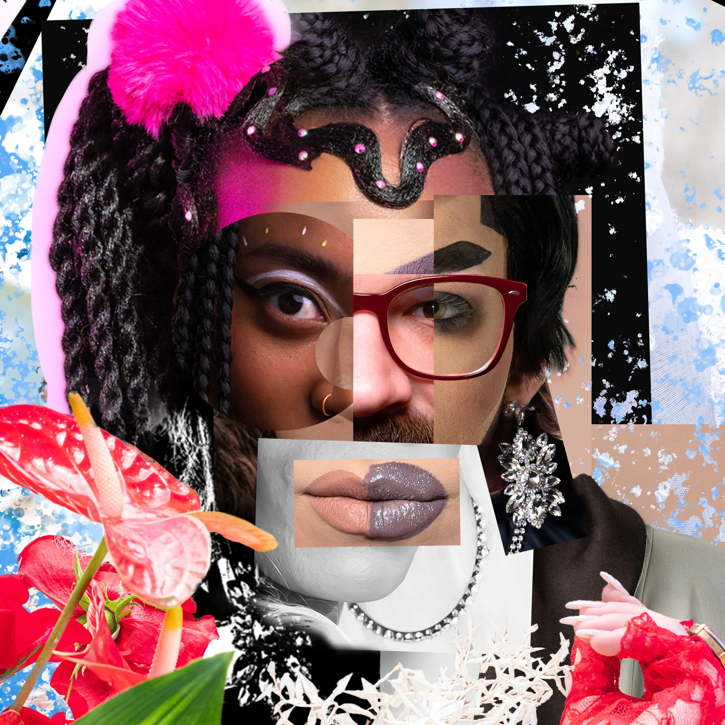 Fine art digital collage by St. Paul photographer Jay Cupcake. Collage of multiple faces with diverse makeup, hairstyles, jewelry, and glasses, surrounded by colorful flowers and abstract backgrounds.