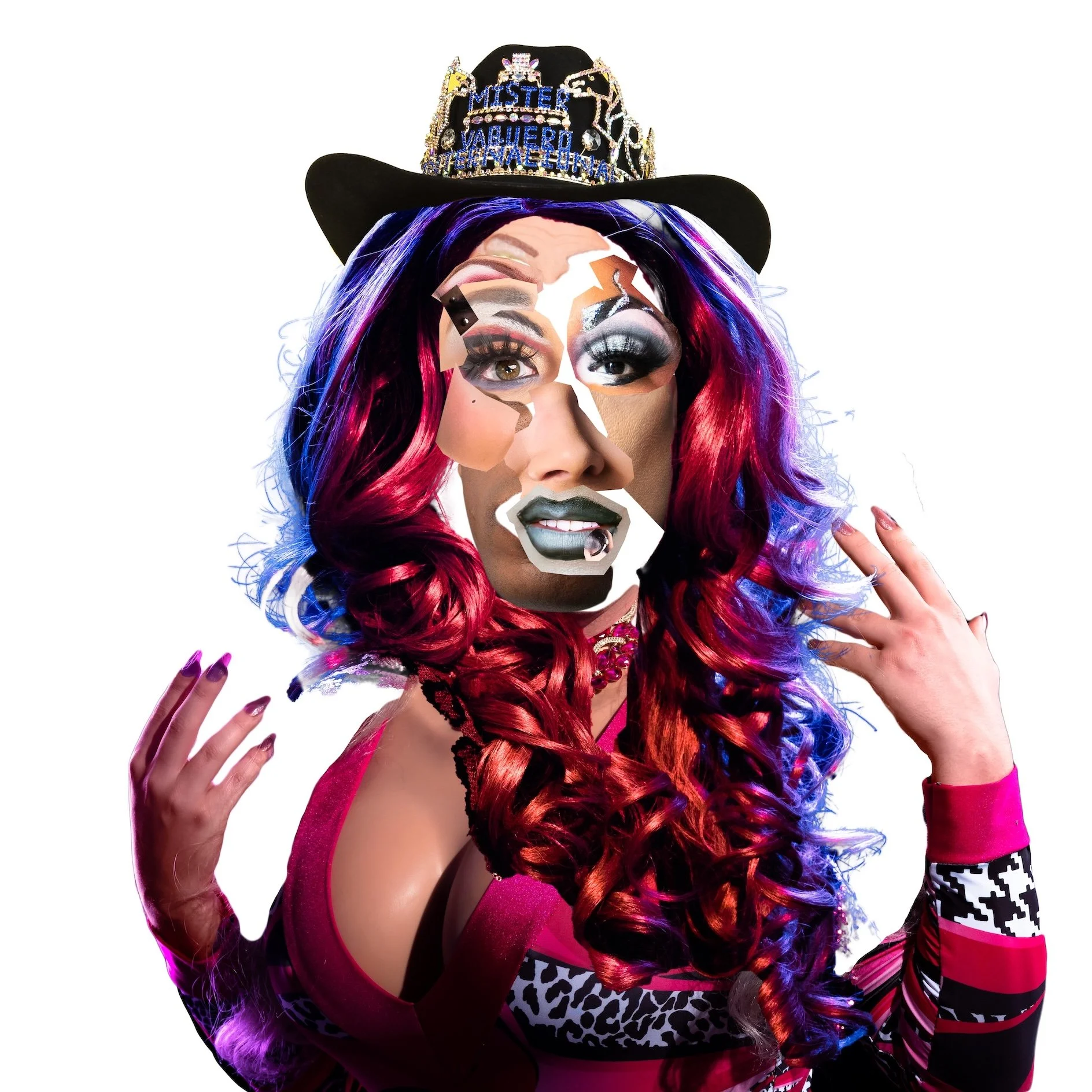 Fine Art Digital Collage by Minneapolis Photographer Jay Cupcake. A person with colorful wavy hair wearing a black hat with a sparkly crown and a pink and animal print outfit. Their face is covered with torn paper collage, revealing expressive makeup