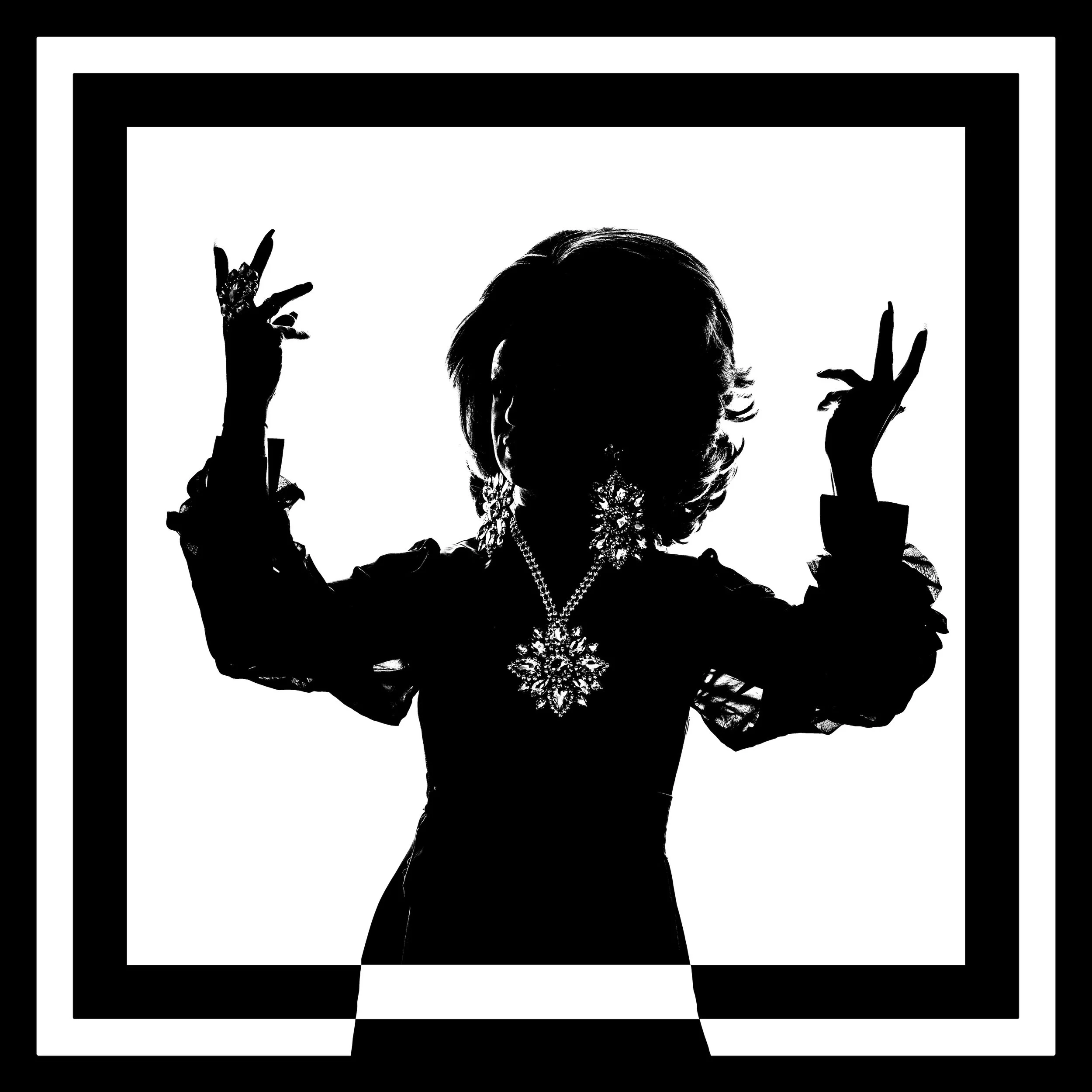 Professional Portrait Photography by Minneapolis Photographer Jay Cupcake. Silhouette of a woman wearing jewelry with her hands raised, framed by multiple overlapping black and white borders.