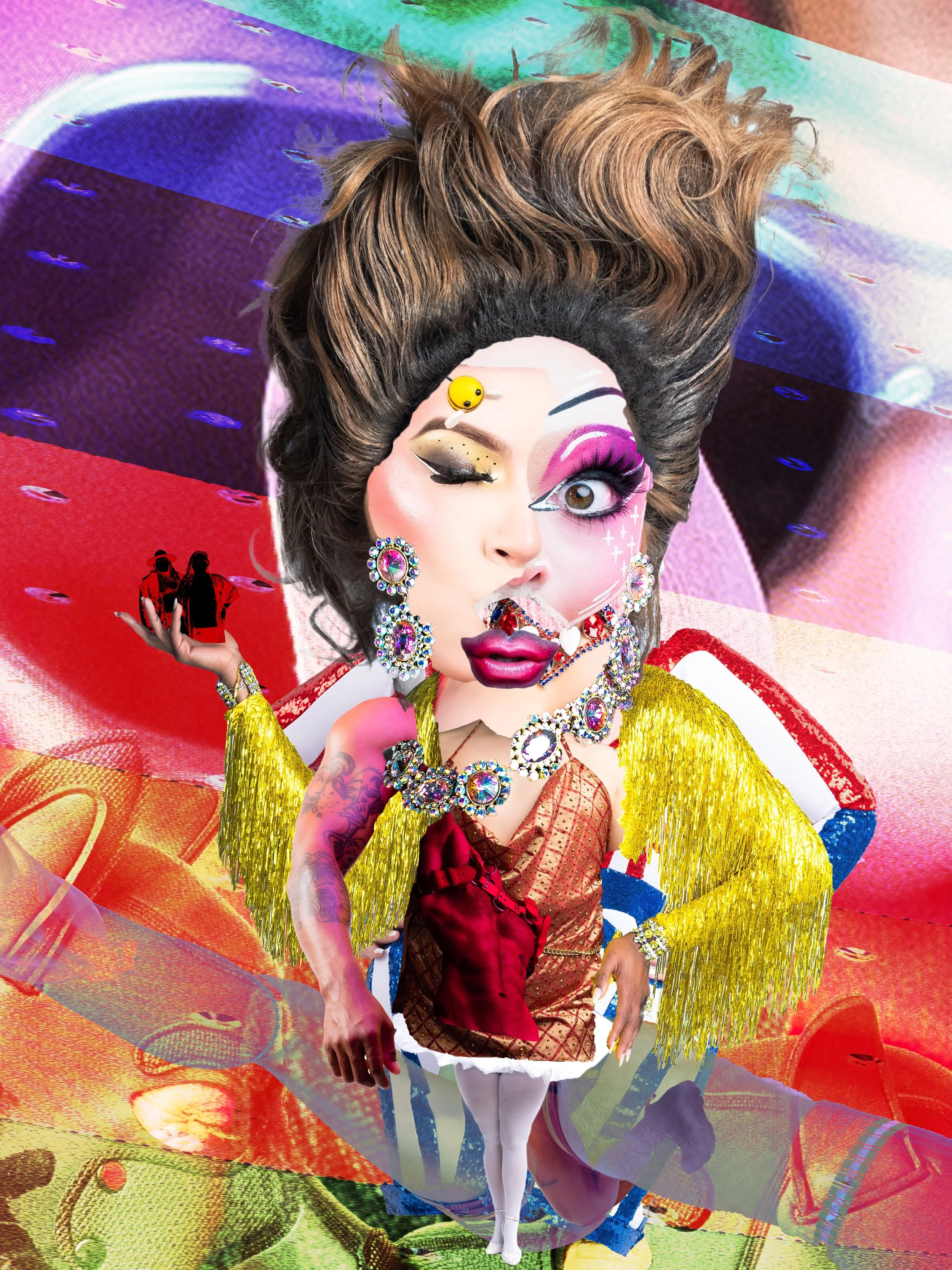 A surreal digital collage of a person with exaggerated makeup and jewelry, holding a small group of people on their hand against a colorful abstract background.
