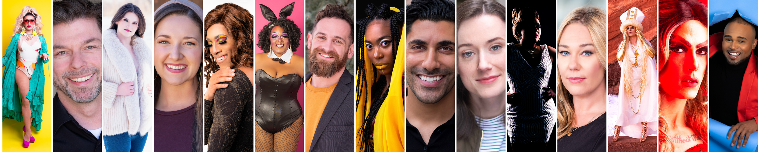 Professional headshots by St. Paul photographer Jay Cupcake. Collage of diverse people with various expressions and outfits, posing against colorful backgrounds.