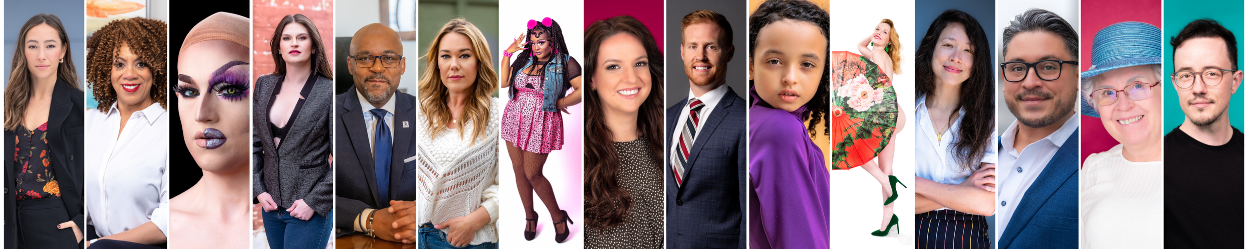 A diverse professional portrait portfolio banner by Jay Cupcake, featuring corporate headshots, drag artistry, and editorial creative portraits showcasing high-end detail and lighting.