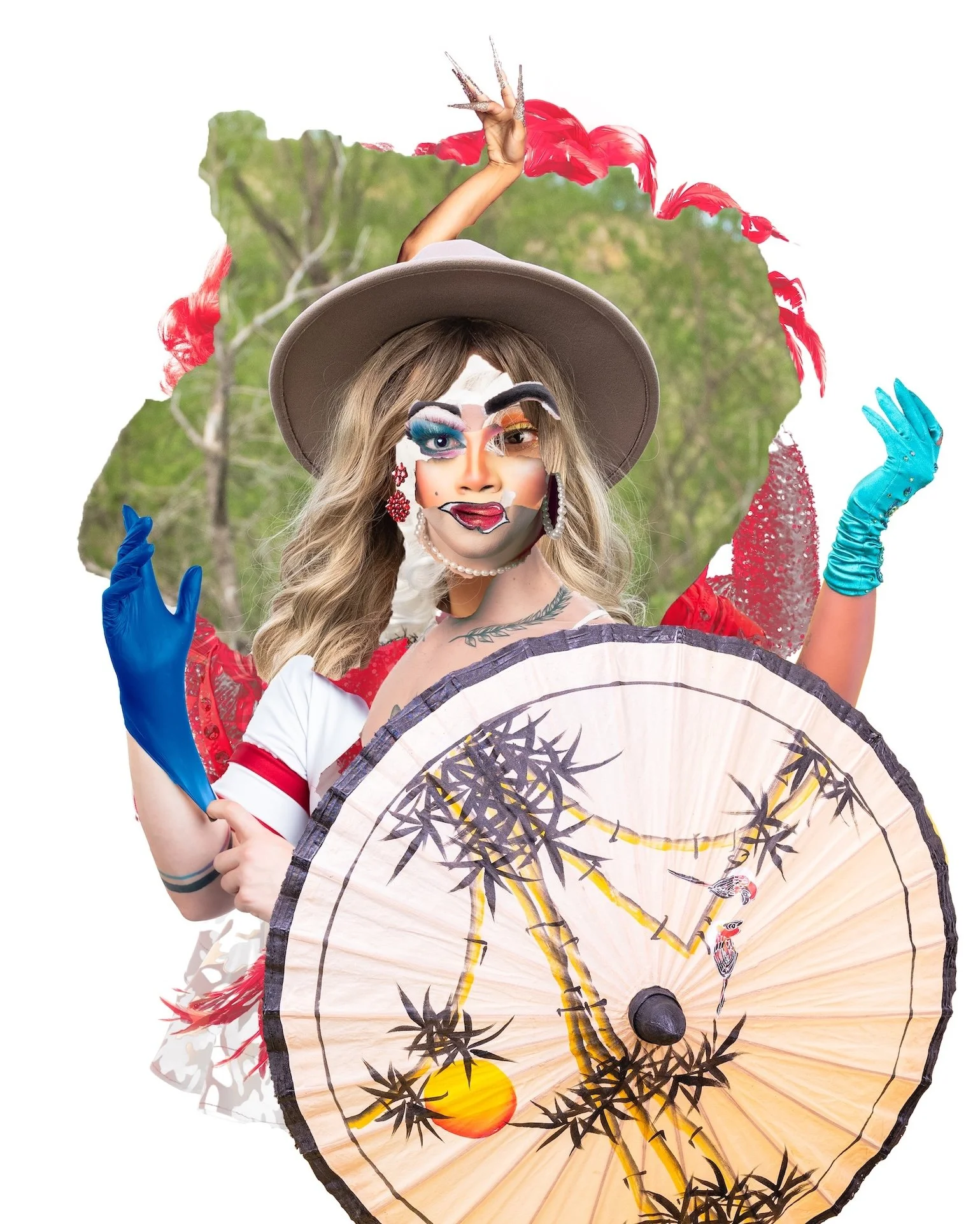 Fine Art Digital Collage by Twin Cities Photographer Jay Cupcake. A person in colorful, theatrical attire holding a parasol with a bamboo and sunset design, wearing a wide-brimmed hat, blue gloves, and face makeup resembling a cartoon character, with