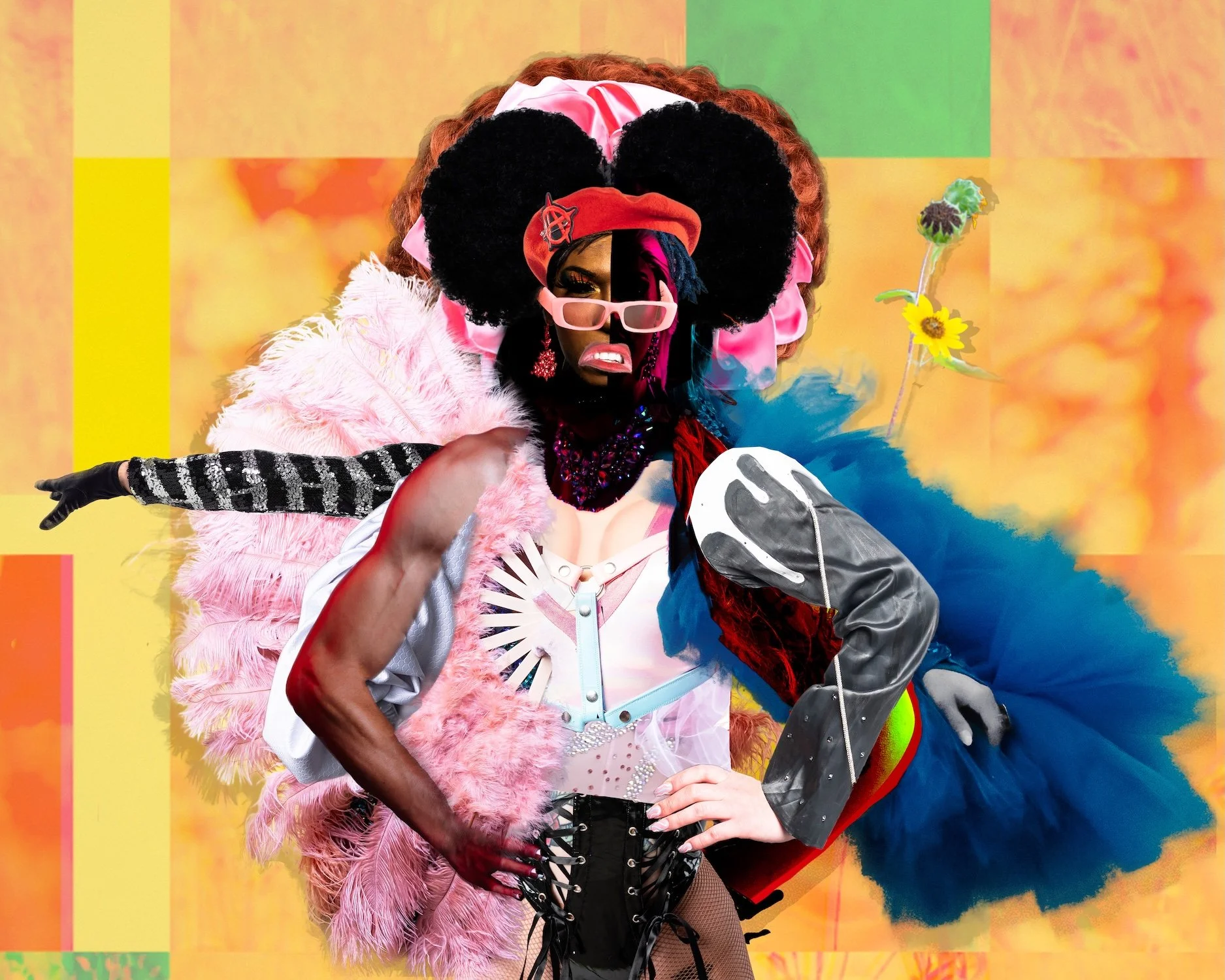 Fine Art Digital Collage by Twin Cities Photographer Jay Cupcake. A person in a colorful, eclectic costume with large black fluffy hair, pink glasses, and various vibrant accessories, posing against a multicolored background.