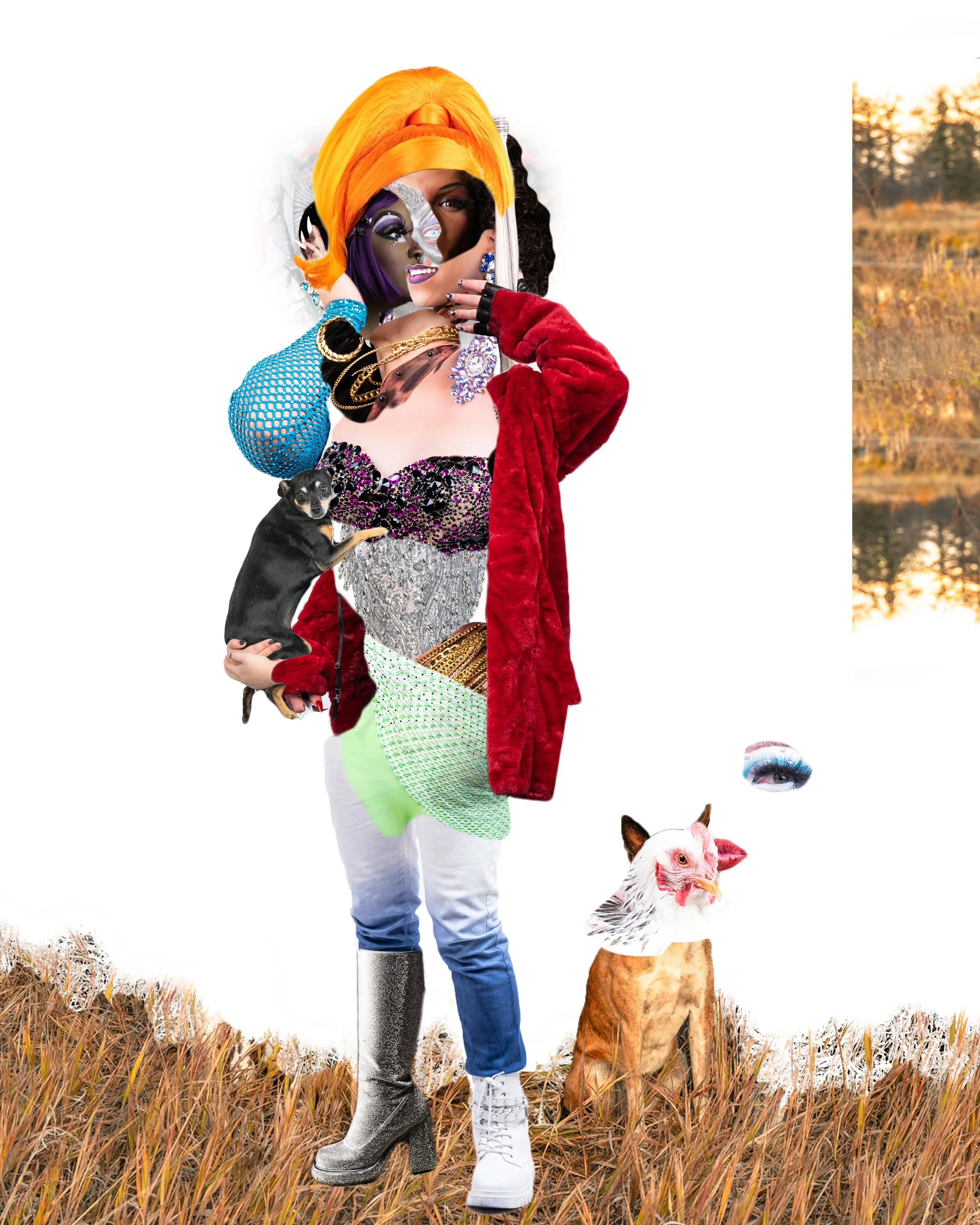 A person with an eccentric style, wearing multi-colored clothing, and a colorful wig, holding a small black dog. They are standing on a grassy field with two animals with animal heads, one resembling a chicken and the other a bird, with animal faces 